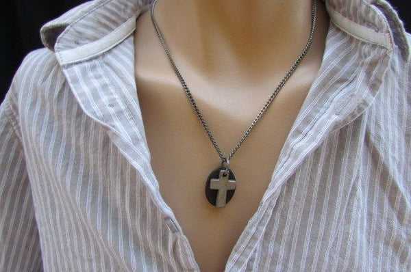 Rusty Silver / Silver Fashion Necklace Chunky Thick Chain Links Cross Pendant Back Oval Platefashion necklace pendant - alwaystyle4you - 1