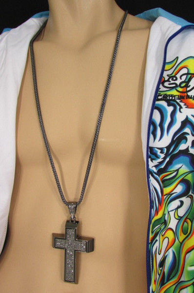 Pewter / Silver Metal Chains Long Necklace Boarded Cross Pendant New Men Hip Hop Fashion - alwaystyle4you - 38