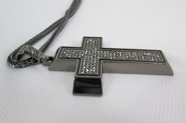 Pewter / Silver Metal Chains Long Necklace Boarded Cross Pendant New Men Hip Hop Fashion - alwaystyle4you - 39
