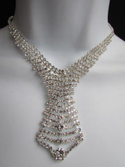 Silver Metal Tie Geometric Design Rhinestone Necklace + Earrings Set  Women Fashion - alwaystyle4you - 1