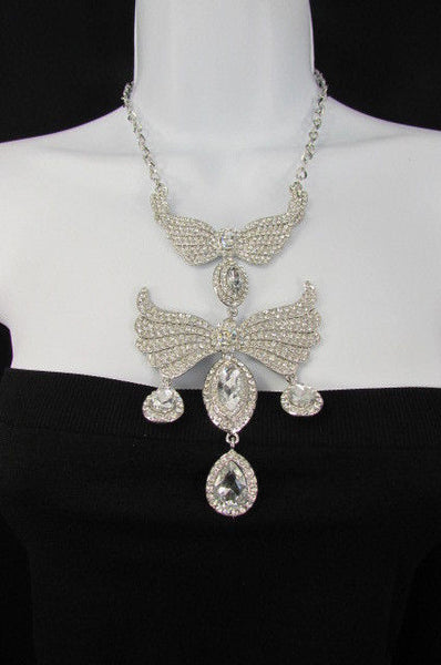 Metal Flying Wings Gold Silver Rhinestones Necklace + Earrings set New Women Fashion - alwaystyle4you - 40