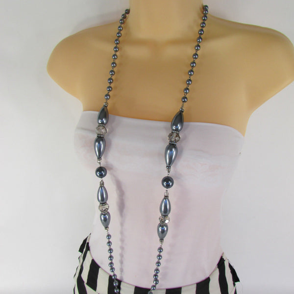 Long Imitations Pearls Necklace Small Gray Beads Beige Silver Color + Earrings Set New Women Fashion - alwaystyle4you - 36