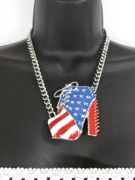 Large Metal High Heels Shoes Pendant Fashion Chains Gold / Silver Rhinestones American Flag USA Stars Necklace + Earrings Set - alwaystyle4you - 6