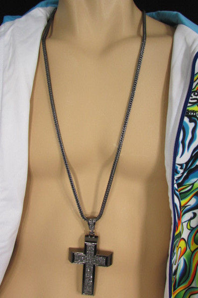 Pewter / Silver Metal Chains Long Necklace Boarded Cross Pendant New Men Hip Hop Fashion - alwaystyle4you - 42