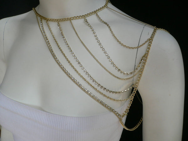 New Women Casual Gold Metal Long Chain One Side Shoulders Body Chain Necklace Fashion Jewelry Clear Rhinestones - alwaystyle4you - 6