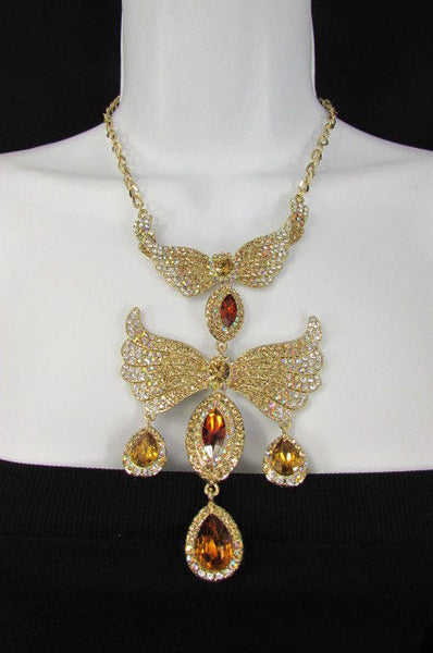 Metal Flying Wings Gold Silver Rhinestones Necklace + Earrings set New Women Fashion - alwaystyle4you - 9