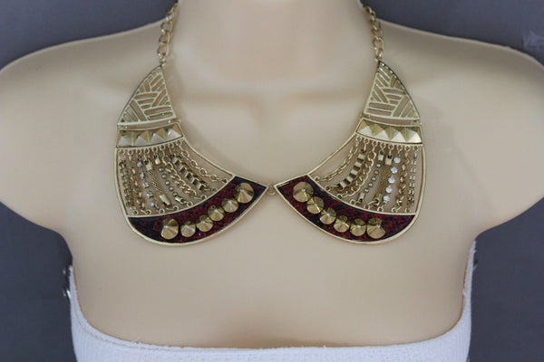 Bronze / Gold Short Bib Metal Chains Collar Spikes Necklace + Earrings Set New Women Fashion Jewelry - alwaystyle4you - 5