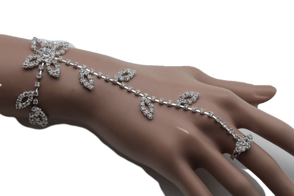 Hot Silver Metal Hand Chains Bracelet Slave Ring Floral Leaf Flower Lace Rhinestones New Women Fashion Accessories