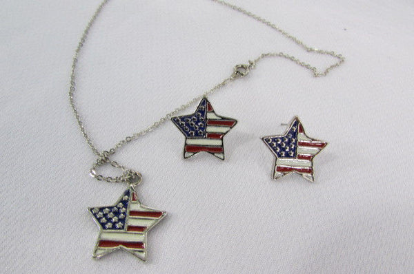 USA American Flag Star/Square/Heart Silver Metal Necklace + Matching Earring Set New Women - alwaystyle4you - 11