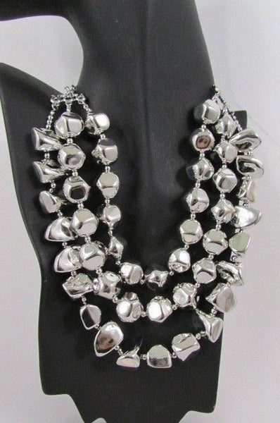 Long Shiny Silver Plastic Beads 3 Strands Fashion Necklace + Earring Set New Women - alwaystyle4you - 9
