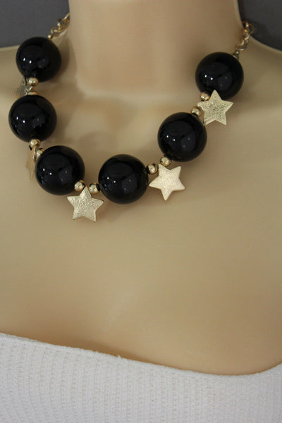 Black / Silver / Gold / Red / White Metal Stars Ball Beads Short Ivory Necklace + Earring Set New Women Fashion Jewelry - alwaystyle4you - 20