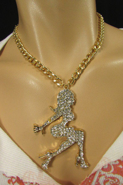 Gold Metal Chains Fashion Necklace Big Silver Rhinestone Sexy woman Shape Pendant New Men Fashion - alwaystyle4you - 5