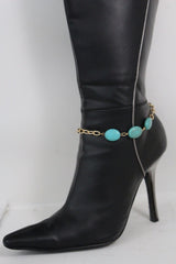 Gold Metal Chains Boot Bracelet Anklet Shoe Charm Antique Blue Beads