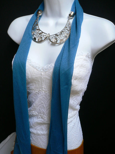 Royal Blue Fashion Scarf Necklace Silver Metal Flowers Collar Pendant New Women Jewelry - alwaystyle4you - 3