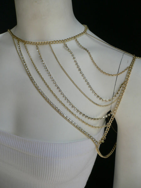 New Women Casual Gold Metal Long Chain One Side Shoulders Body Chain Necklace Fashion Jewelry Clear Rhinestones - alwaystyle4you - 9