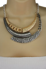 Gold Black / Silver Black Metal Plate Half Moon Necklace Chains + Earrings Set New Women Fashion Jewelry - alwaystyle4you - 4