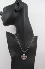 Silver Metal Fleur De Lis Lily Flower Bull Colorfull Rhinestones/ Silver Necklace New Women Fashion - alwaystyle4you - 4