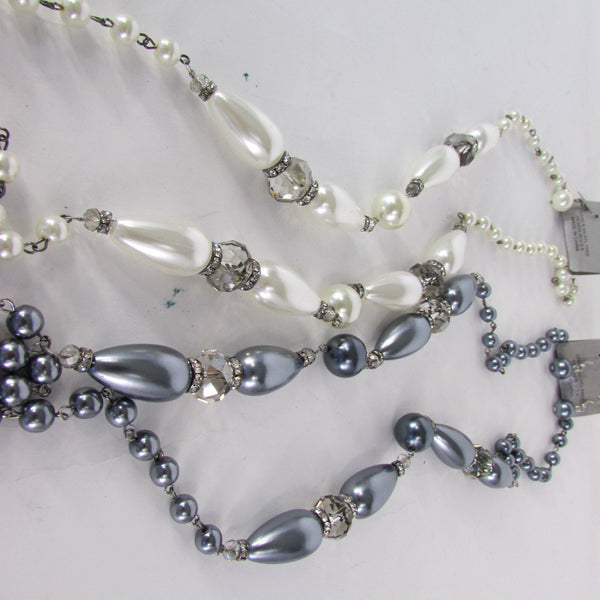 Long Imitations Pearls Necklace Small Gray Beads Beige Silver Color + Earrings Set New Women Fashion - alwaystyle4you - 4