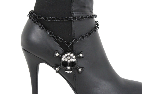 Women Black Boot Chain Bracelet Strap Skeleton Skull Shoe Charm Bling Western Style