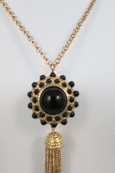Gold Metal Long Chains Big Ball Black Dots Fringe Fashion Necklace + Earrings Set New Women 26" - alwaystyle4you - 13