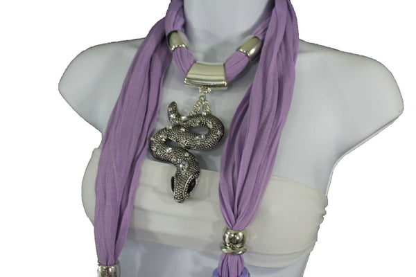 Women Lavender Fashion Scarf Fabric Silver Metal Snake Pendant Necklace Lilac - alwaystyle4you - 4