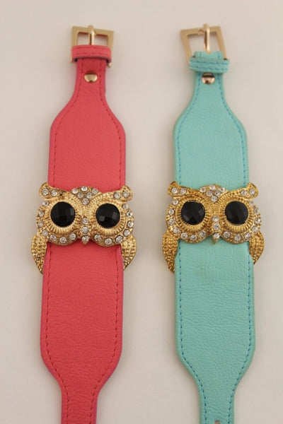 Aqua Blue / Pink / Light Pink / Black Faux Leather Strap Nude Bracelet Gold Metal Owl Head Black Rhinestone Fashion New Women Jewelry Accessories - alwaystyle4you - 2