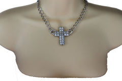 Short Gold / Silver Metal Chains Cross Pendant Necklace + Earring Set New Women Fashion Jewelry - alwaystyle4you - 2