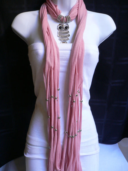 New Women Long Beige / Pnk Soft Scarf Fashion Necklace Silver Owl Pendant Rhinestones - alwaystyle4you - 13