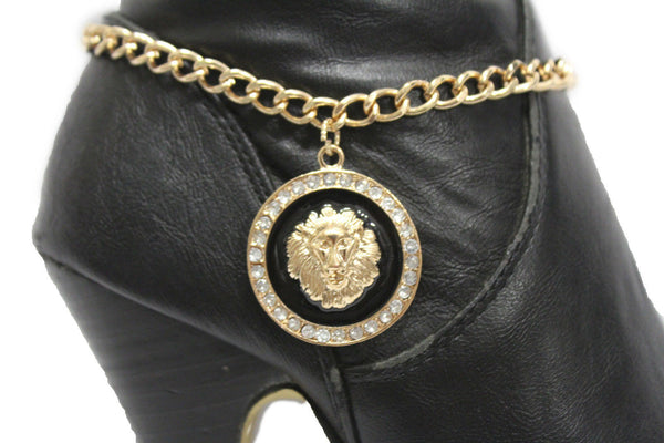 Gold / Sikver Metal Boot Chains Bracelet  Black Big Lion Head Round Coin Anklet Shoe Charm New Women Western Fashion accessories - alwaystyle4you - 6