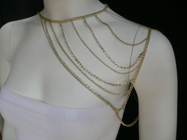 New Women Casual Gold Metal Long Chain One Side Shoulders Body Chain Necklace Fashion Jewelry Clear Rhinestones - alwaystyle4you - 10