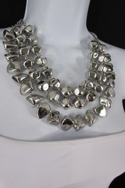 Long Shiny Silver Plastic Beads 3 Strands Fashion Necklace + Earring Set New Women - alwaystyle4you - 10