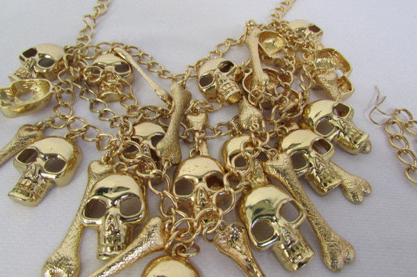 Gold Chains Skulls Strands Skeleton Bones Necklace + Earrings Set New Women Fashion - alwaystyle4you - 12