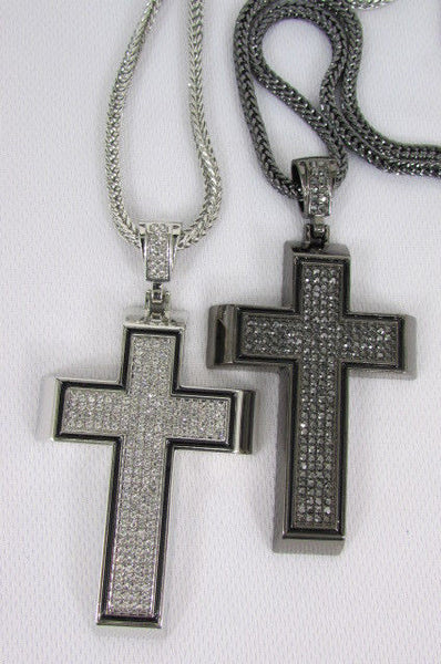 Pewter / Silver Metal Chains Long Necklace Boarded Cross Pendant New Men Hip Hop Fashion - alwaystyle4you - 10