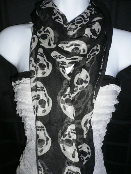 New Women Black Scarf Gray Beautiful Skulls Skeleton Drawing Soft 100% Polyester - alwaystyle4you - 5
