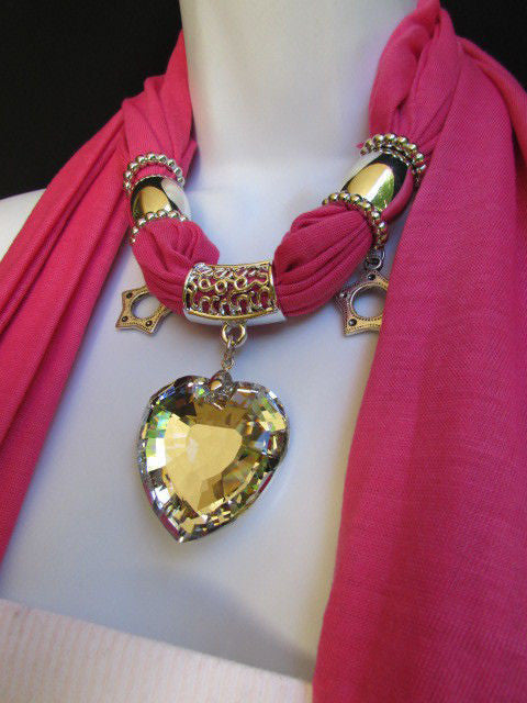 Pink Bowen Soft Fabric Scarf Necklace Silver Big Heart Crystal Stars Pendant Women Fashion - alwaystyle4you - 17