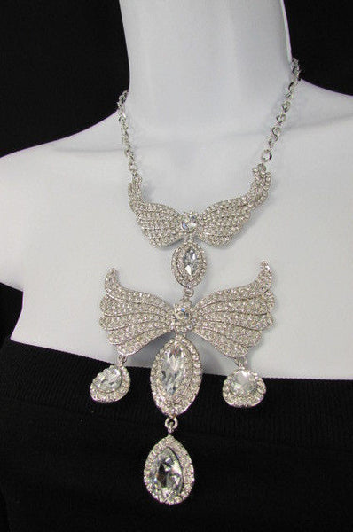Metal Flying Wings Gold Silver Rhinestones Necklace + Earrings set New Women Fashion - alwaystyle4you - 10