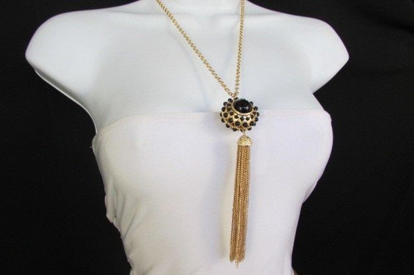 Gold Metal Long Chains Big Ball Black Dots Fringe Fashion Necklace + Earrings Set New Women 26" - alwaystyle4you - 14