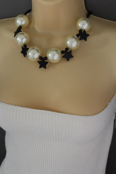 Black / Silver / Gold / Red / White Metal Stars Ball Beads Short Ivory Necklace + Earring Set New Women Fashion Jewelry - alwaystyle4you - 9
