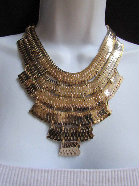 Wide 6 Strands Gold Links Chains Metal Statement Necklace + Matching Earrings Set New Women - alwaystyle4you - 5
