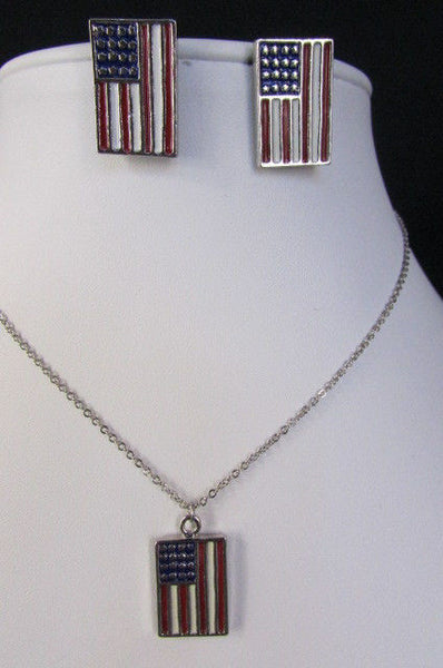USA American Flag Star/Square/Heart Silver Metal Necklace + Matching Earring Set New Women - alwaystyle4you - 30