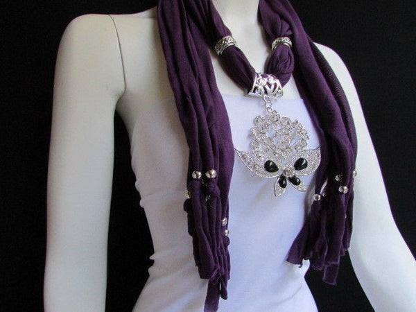Black Blue Purple Pink Brown Dark Gray Red Bright Coral Green Soft Fabric Scarf Necklace Silver Flowers Butterfly Pendant New Fashion Accessory - alwaystyle4you - 58