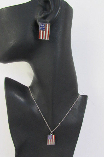 USA American Flag Star/Square/Heart Silver Metal Necklace + Matching Earring Set New Women - alwaystyle4you - 31