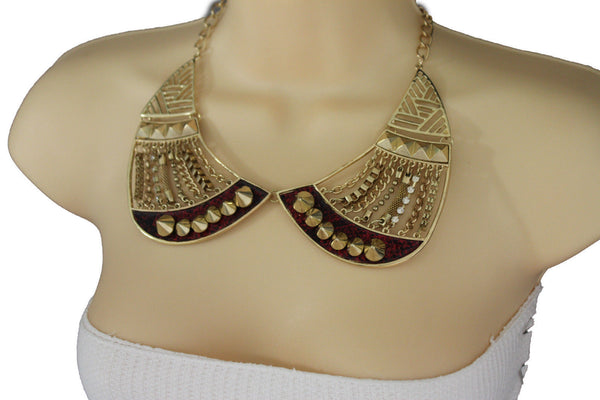 Bronze / Gold Short Bib Metal Chains Collar Spikes Necklace + Earrings Set New Women Fashion Jewelry - alwaystyle4you - 7