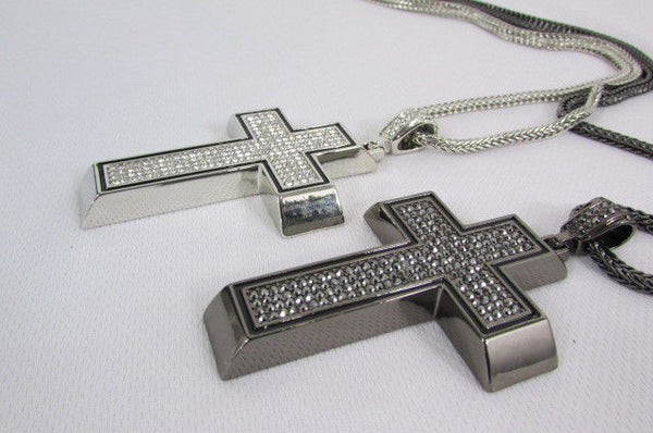 Pewter / Silver Metal Chains Long Necklace Boarded Cross Pendant New Men Hip Hop Fashion - alwaystyle4you - 11
