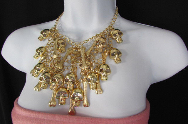 Gold Chains Skulls Strands Skeleton Bones Necklace + Earrings Set Women Fashion - alwaystyle4you - 6
