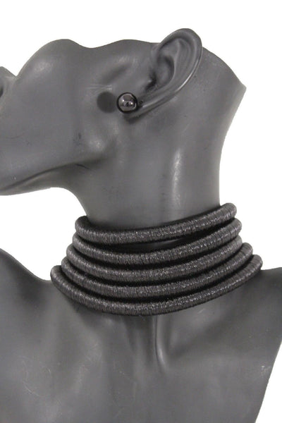Black Short Fabric Wide 5 Strands Sexy Choker Necklace Earring Set New Women Fashion Accessories