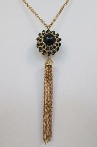 Gold Metal Long Chains Big Ball Black Dots Fringe Fashion Necklace + Earrings Set New Women 26" - alwaystyle4you - 15