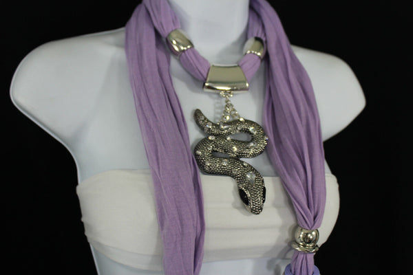 Women Lavender Fashion Scarf Fabric Silver Metal Snake Pendant Necklace Lilac - alwaystyle4you - 6