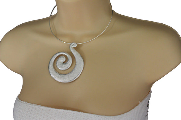 Silver / Pewter Black Choker Thin Metal Snail Spin Swirl Charm Necklace + Earrings Set New Women Fashion Jewelry - alwaystyle4you - 6
