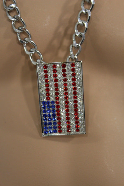 Silver Metal Chain Links Long Necklace USA American Flag Pendant 3D New Men Fashion Accessories - alwaystyle4you - 9